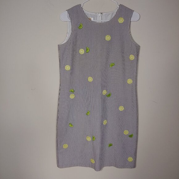Talbots Seersucker Lemons&Limes Embroidered Sleeveless Dress Size 6P Blue Cream - Picture 1 of 9